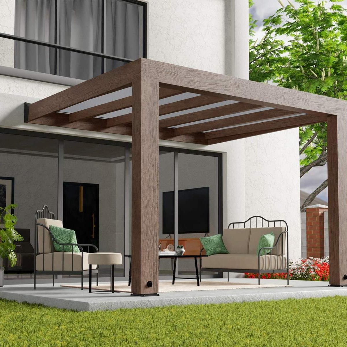 Palram Canopia Helsinki 3m x 3.4m Cedar Wood Patio Cover