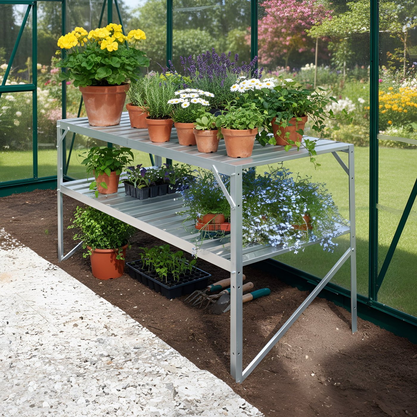 Vitavia 2 Tier Silver Staging for pots and dahlia propagation in a greenhouse