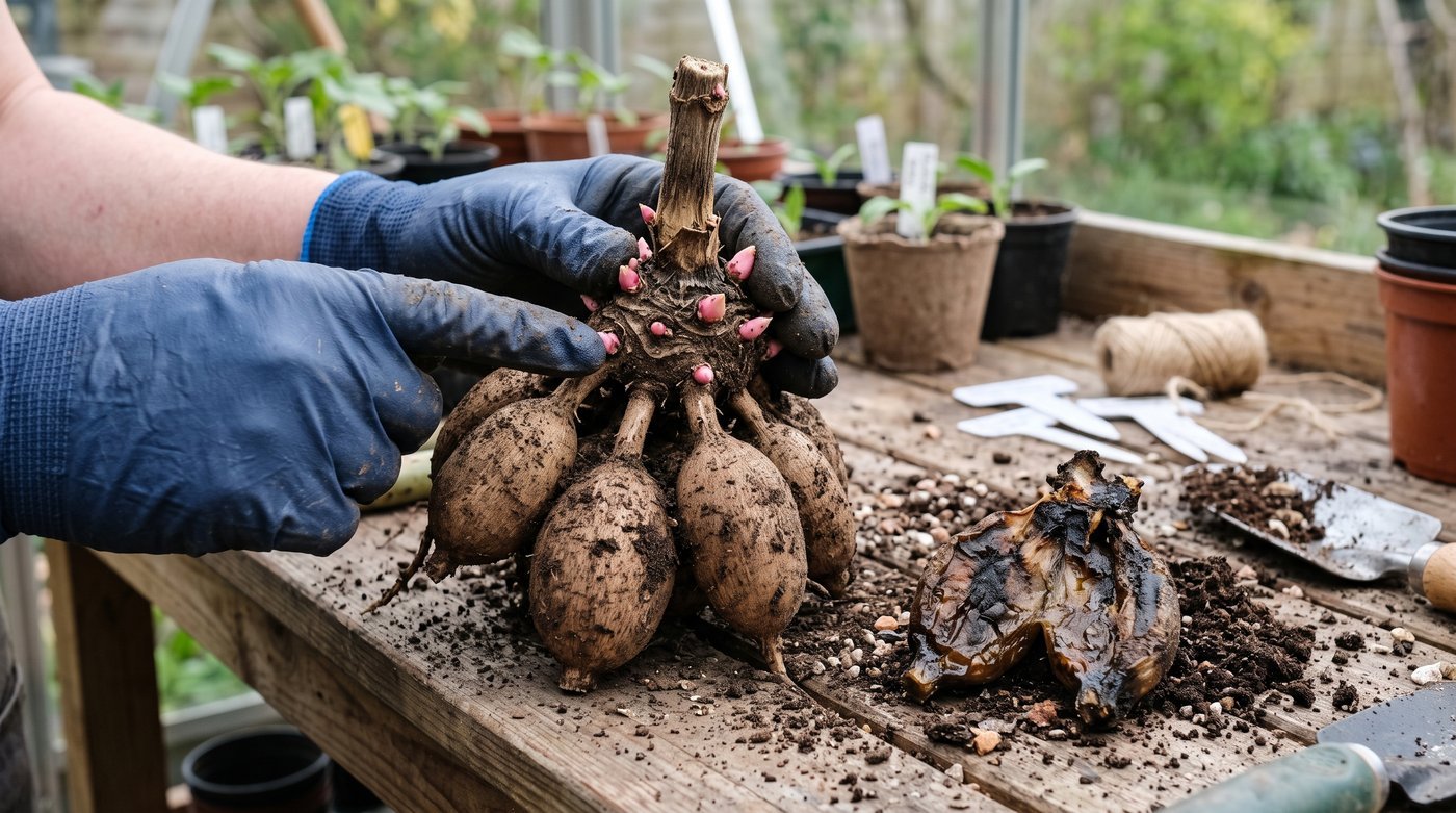 Gloved hands checking a healthy dahlia tuber crown, necks and pink growth eyes