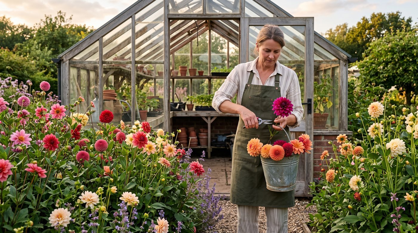 Mature dahlias flowering beside a greenhouse while a gardener cuts blooms in July