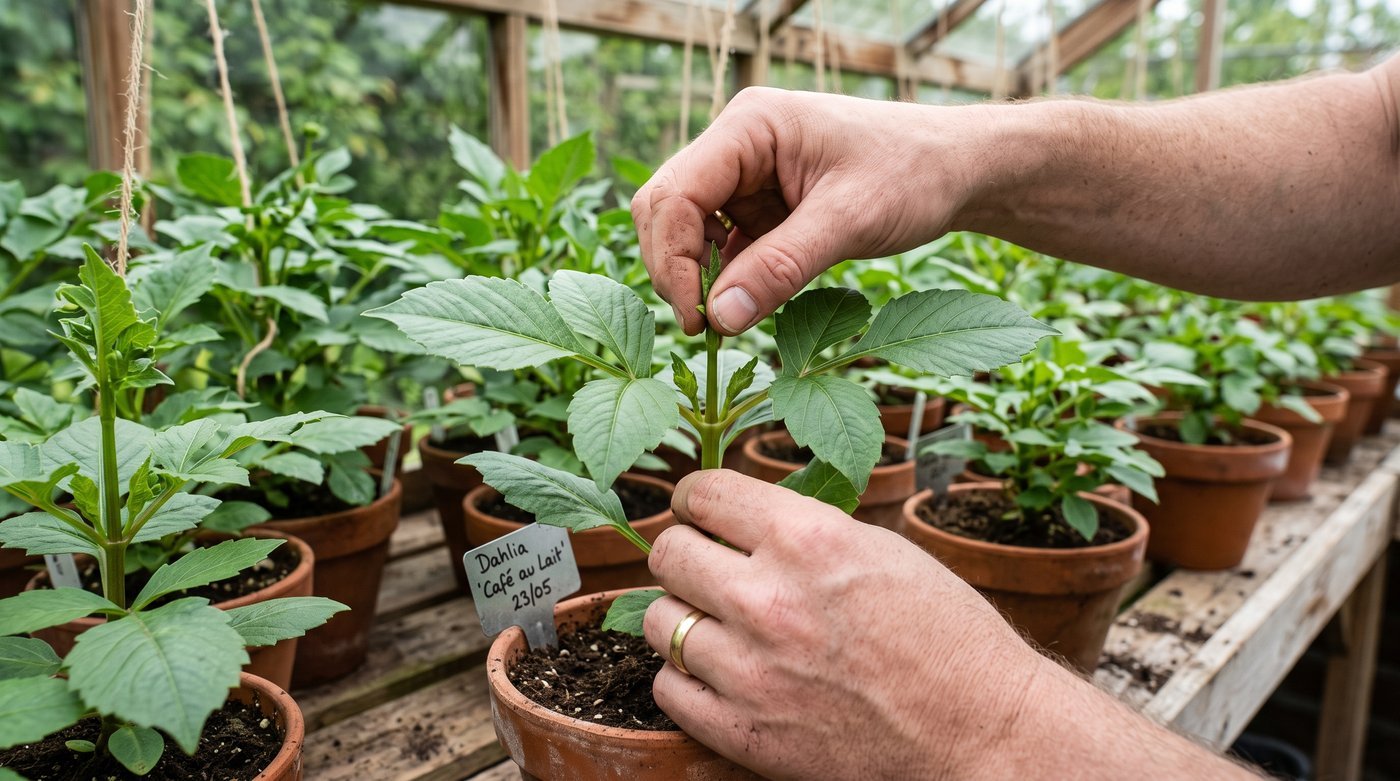 A gardener pinching a young dahlia above its fourth leaf pair inside a greenhouse