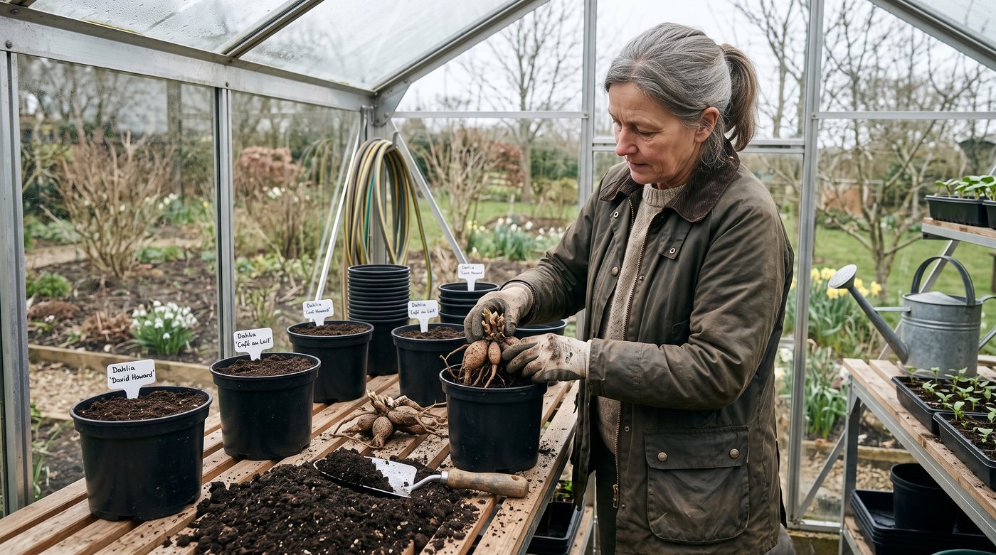A gardener potting dormant dahlia tubers inside a UK greenhouse in early spring