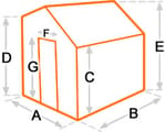 Potting shed dimensions diagram showing width, depth and ridge height