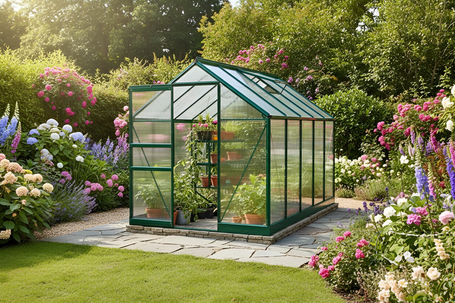 Vitavia Apollo polycarbonate greenhouse in a UK garden showing twin-wall glazing