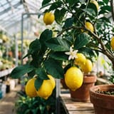 Yellow lemons on a potted lemon tree