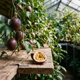 Purple passionfruit on the vine, one cut open