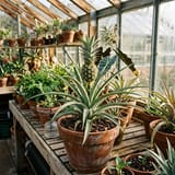 Pineapple growing in a pot on a greenhouse bench