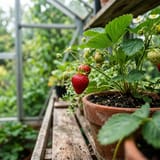 Strawberries growing in a greenhouse pot