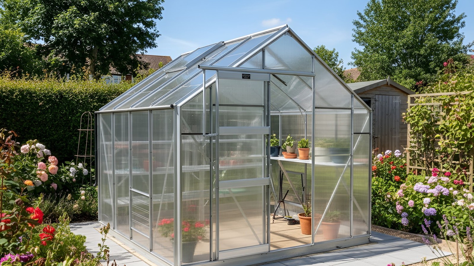 Elite Belmont greenhouse with its roof vent propped open on a hot summer day to let trapped heat escape