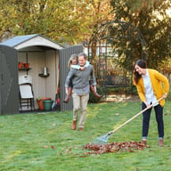 Lifetime 7x4.5 Plastic Shed Garden Lifestyle Raking