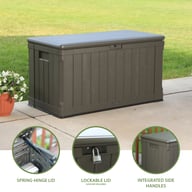 Lifetime 439 Litre Plastic Outdoor Storage Box Brown Feature Icons