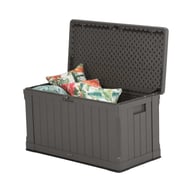 Lifetime 439 Litre Plastic Outdoor Storage Box Brown Lid Open Cushions