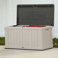 Lifetime 439 Litre Plastic Outdoor Storage Box Desert Sand Lid Open Detail