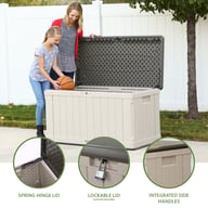 Lifetime 439 Litre Plastic Outdoor Storage Box Desert Sand Lid Open Woman