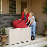 Lifetime 439 Litre Plastic Outdoor Storage Box Desert Sand Open Cushions Family