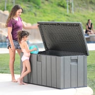 Lifetime 568 Litre Plastic Outdoor Storage Box Brown Lid Open Woman