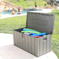 Lifetime 568 Litre Plastic Outdoor Storage Box Brown Open With Floats