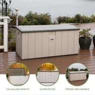 Lifetime 568 Litre Plastic Outdoor Storage Box Desert Sand Decking Feature Icons