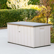 Lifetime 568 Litre Plastic Outdoor Storage Box Desert Sand Garden Angle