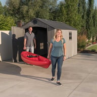 Lifetime 8x12.5 Plastic Shed Doors Open People