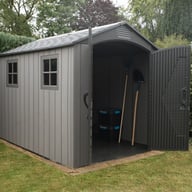 Lifetime 7x9.5 Plastic Shed Garden Angle View