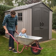 Lifetime 7x9.5 Plastic Shed Garden With Wheelbarrow