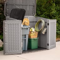 Lifetime Horizontal Plastic Outdoor Storage Unit Doors Open Woman