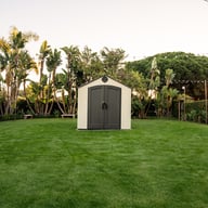 Lifetime 8x15 Plastic Shed Garden Angle View