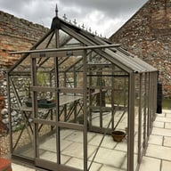 Elite Titan 700 14x7 greenhouse installed, front view with sliding double door