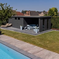 Telluria metal garden building used as a poolhouse
