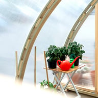 Swedish pine staging shelf in the Norhage Vegg 300 lean-to greenhouse
