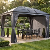 Sojag Moreno 3m x 3.7m gazebo with grey privacy curtains in a garden