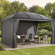 Sojag Moreno 3m x 4.3m gazebo with grey privacy curtains in a garden