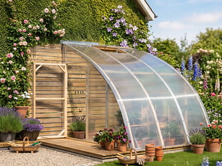 Norhage Vegg 300 wooden lean-to greenhouse against a garden wall