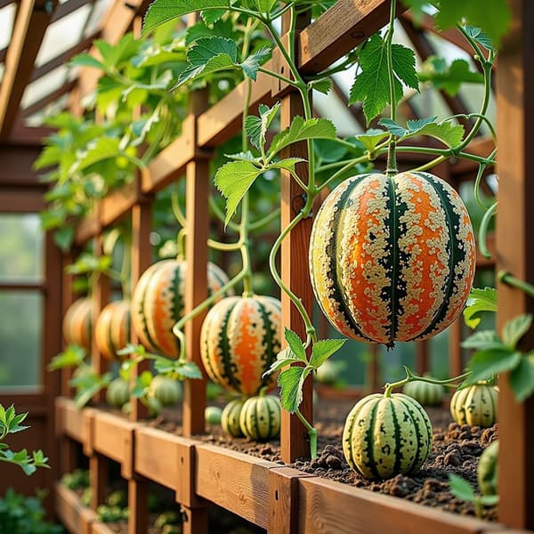 Cantaloupe melons ripening on the vine inside a UK greenhouse