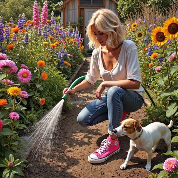 Spraying homemade essential oil cat deterrent in a UK garden