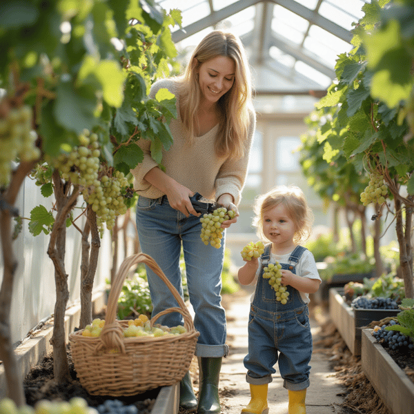 Harvesting ripe grapes from a vine inside a UK greenhouse