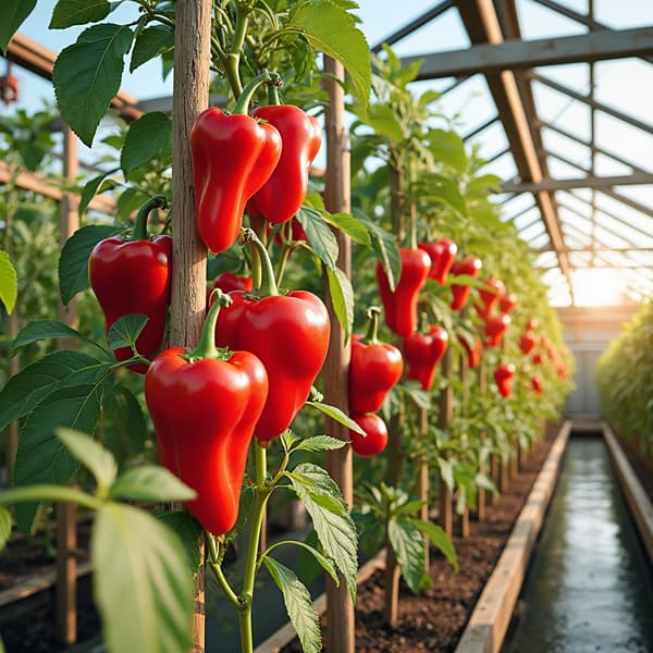 Sweet and hot peppers growing inside a UK greenhouse