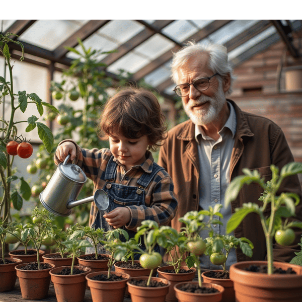 watering young tomato plants in a greenhouse