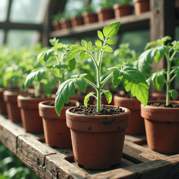 young tomato plants in pots