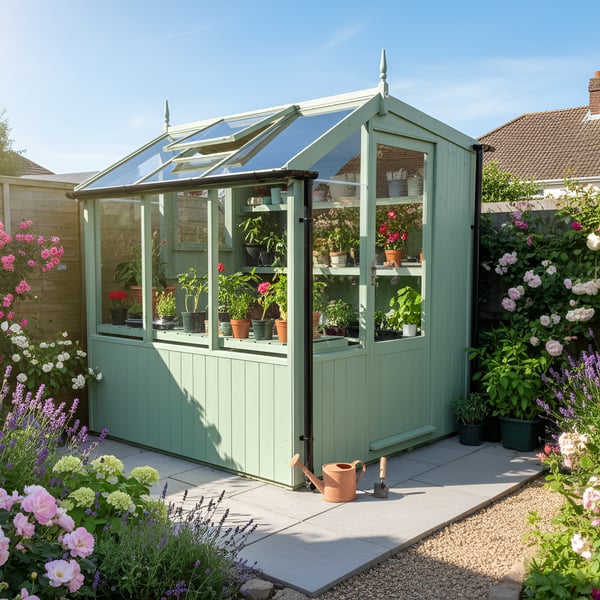 A compact Swallow Jay potting shed in a small UK garden, surrounded by flowers and lawn.