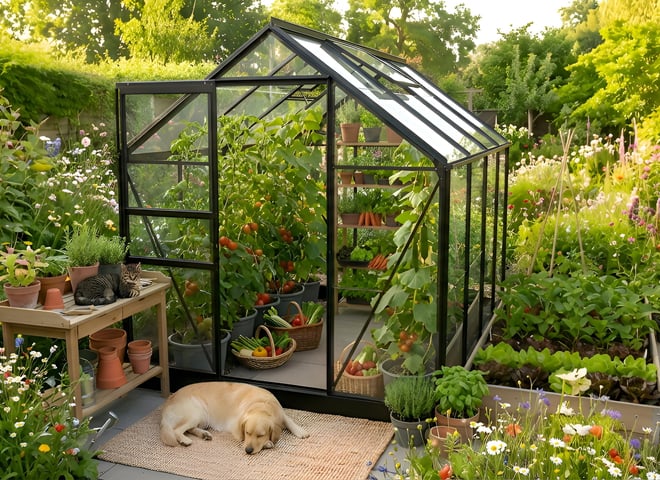 Black Vitavia Venus 5000 8x6 greenhouse installed in a planted UK garden