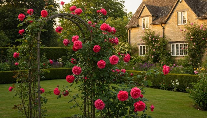 Climbing roses on a garden arch in the UK