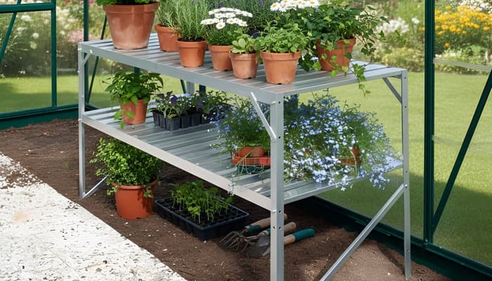 Vitavia 2 tier aluminium greenhouse staging set up inside a greenhouse