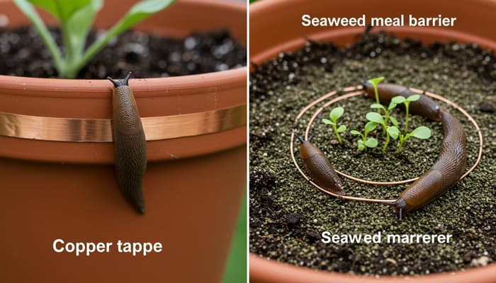 Natural slug barriers including copper tape and seaweed meal