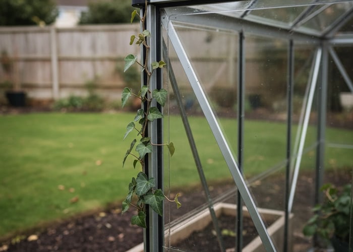 Ivy starting to climb one corner of an aluminium greenhouse