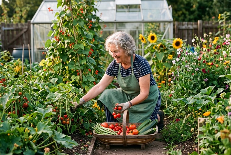 August gardening jobs: harvesting ripe tomatoes, runner beans and courgettes into a trug in a UK vegetable garden