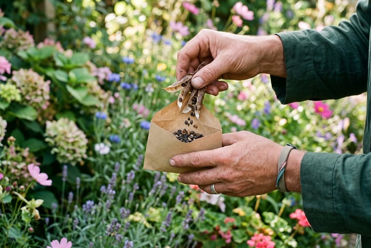 Collecting dry sweet pea and aquilegia seeds into a paper envelope in a late-summer UK border