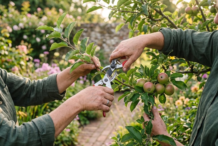 Summer-pruning an apple tree with secateurs in an August UK garden, shortening a leafy side shoot back to a few leaves