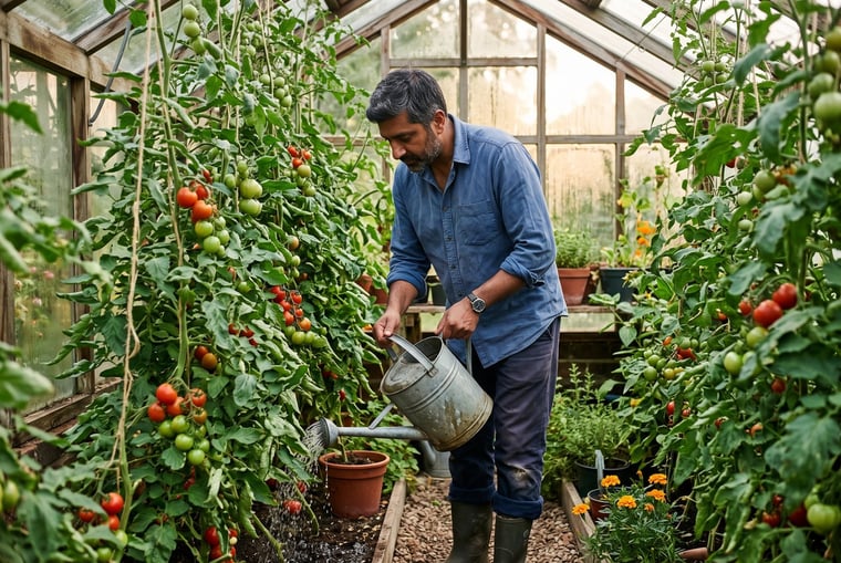 Watering greenhouse tomato plants with a watering can during an August heatwave
